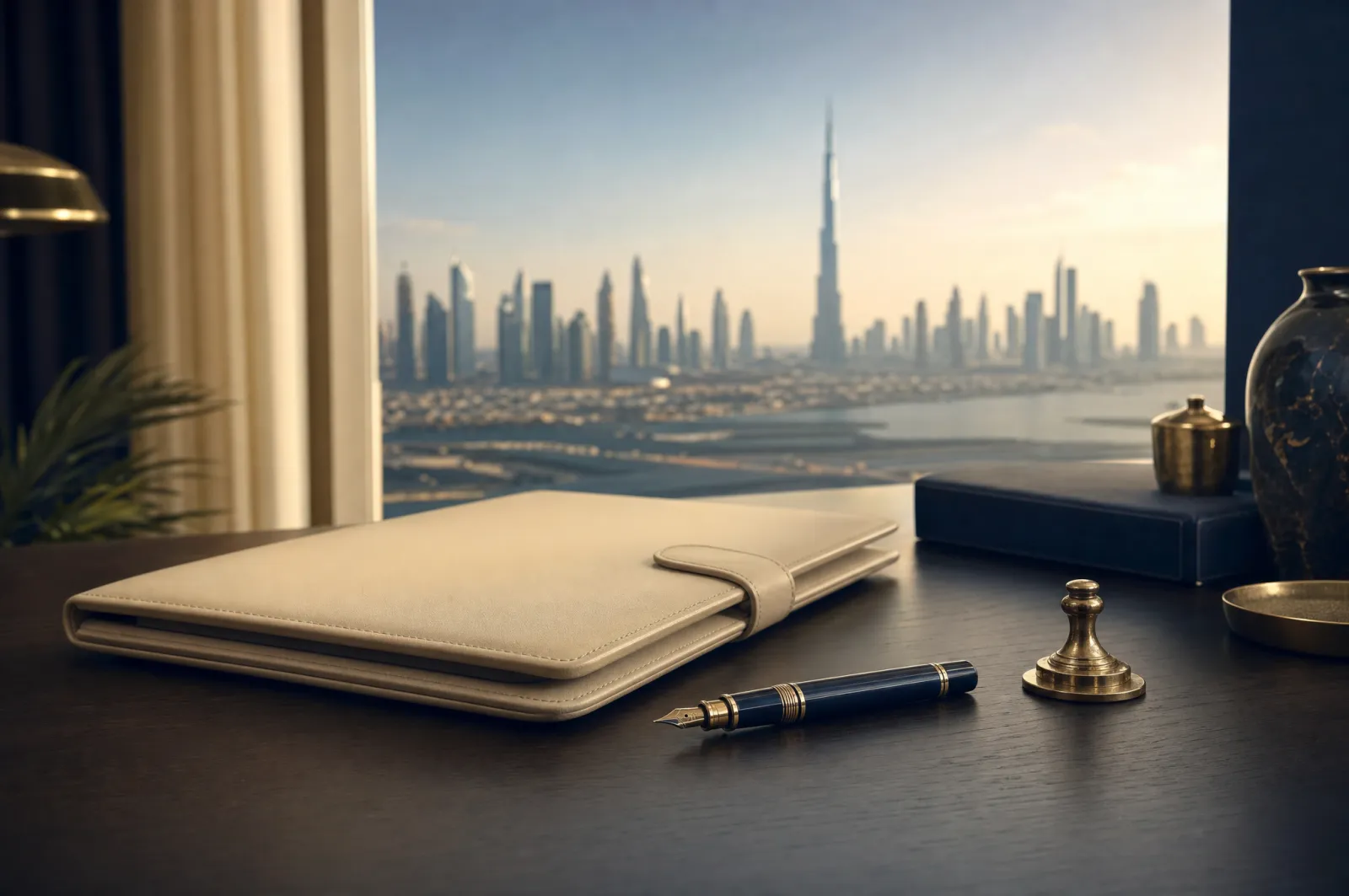 Closed leather document folio with a fountain pen and brass seal on a desk overlooking a blurred Dubai skyline