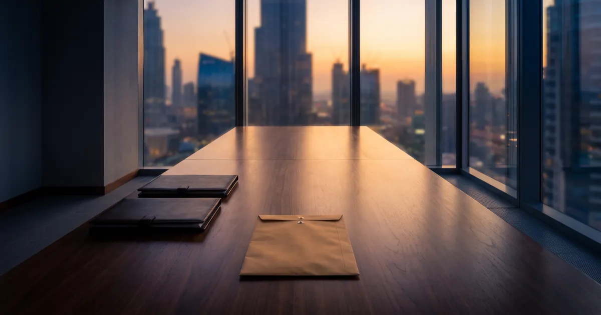 Two closed leather folders and an unmarked sealed envelope on a dark table in an empty Dubai meeting room at dusk